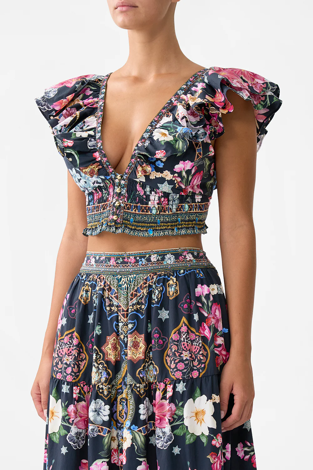 DEEP V FRILL SHORT SLEEVE TOP MIDNIGHT IN MONSERRATE - Image 6