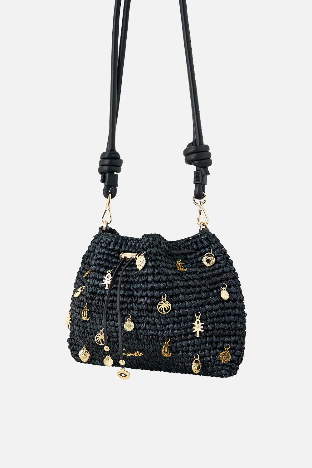 RAFFIA POUCH BAG WITH CHARMS SOLID BLACK - Image 3