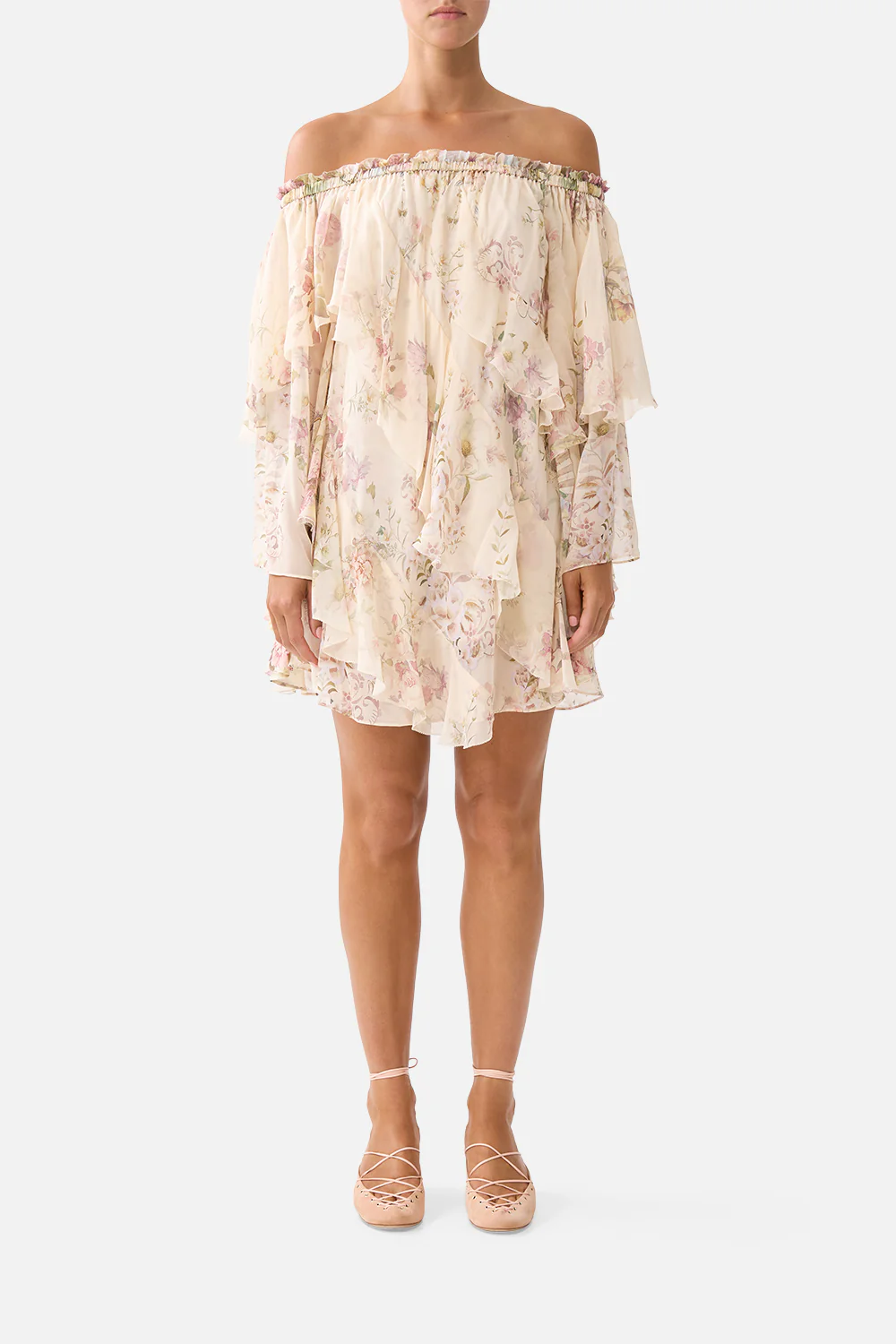 OFF SHOULDER ASSYMETRIC RUFFLE DRESS ADORNED IN ARANJUEZ