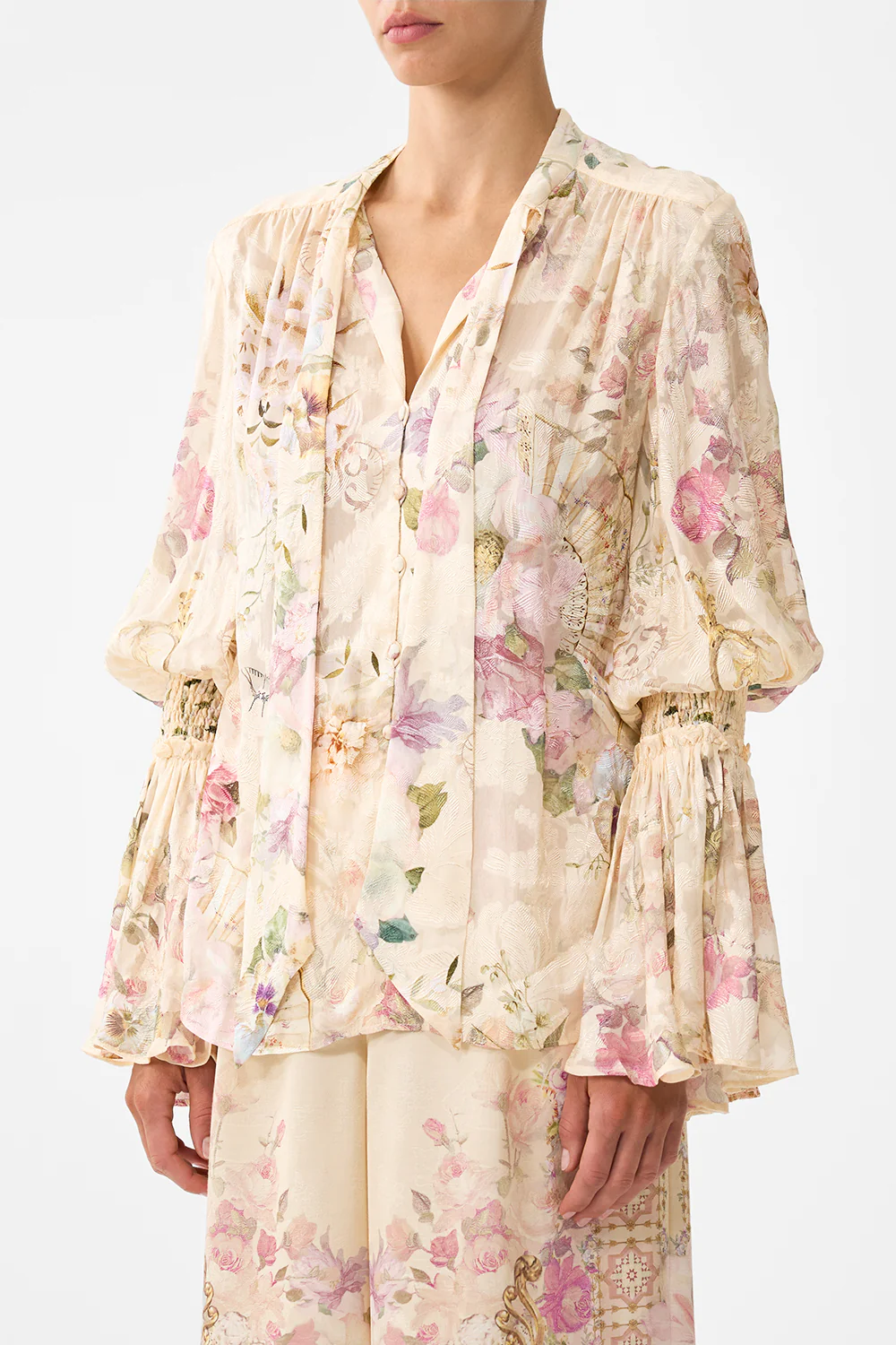 ELASTIC SLEEVE TIE FRONT BLOUSE ADORNED IN ARANJUEZ - Image 5