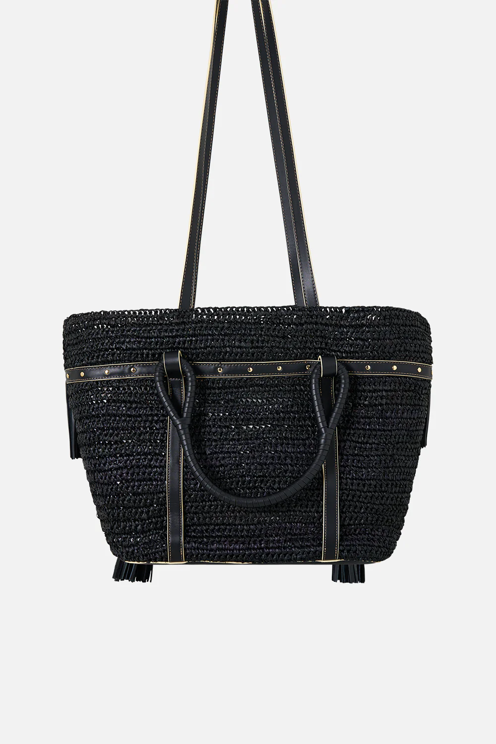 RAFFIA TOTE WITH TASSELS SOLID BLACK - Image 2