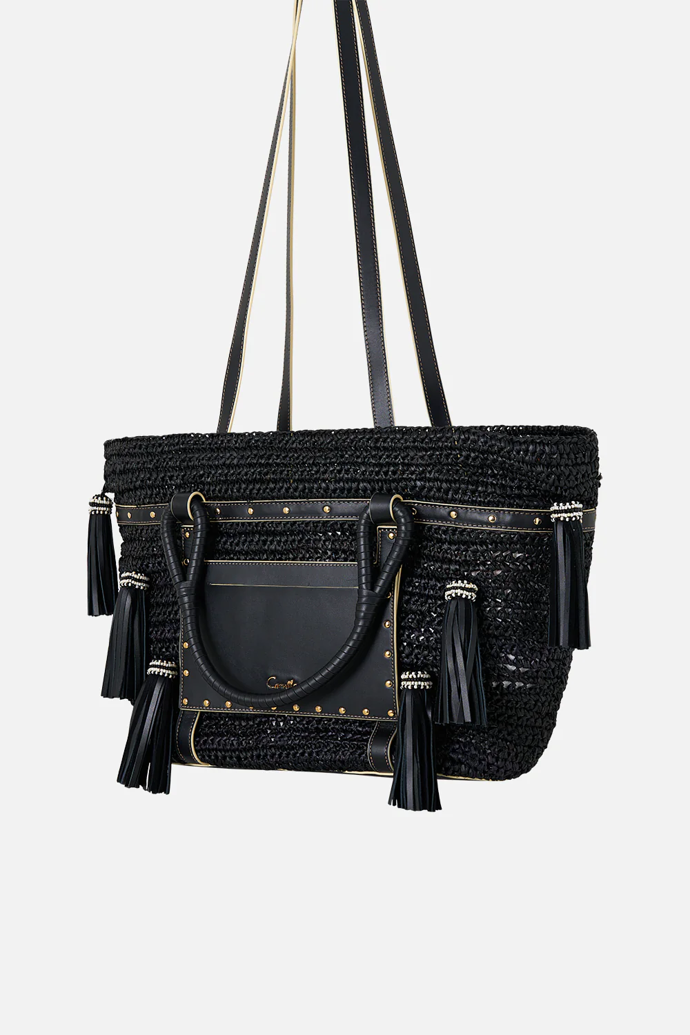 RAFFIA TOTE WITH TASSELS SOLID BLACK - Image 3