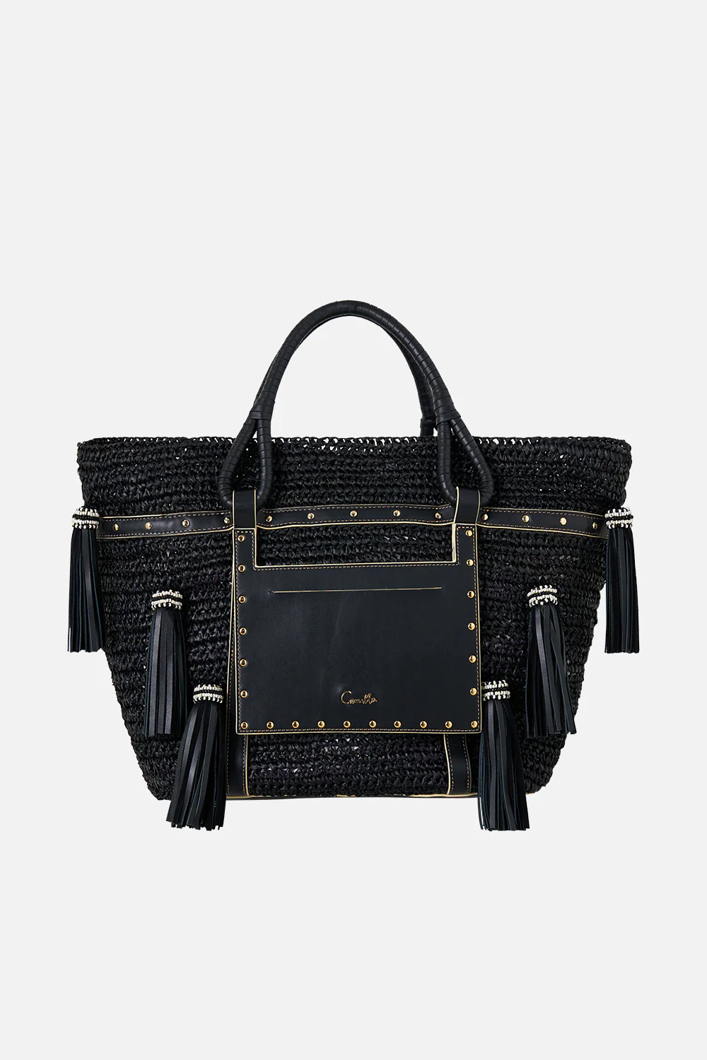 RAFFIA TOTE WITH TASSELS SOLID BLACK - Image 5