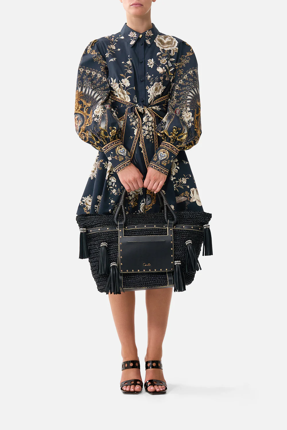 RAFFIA TOTE WITH TASSELS SOLID BLACK - Image 6