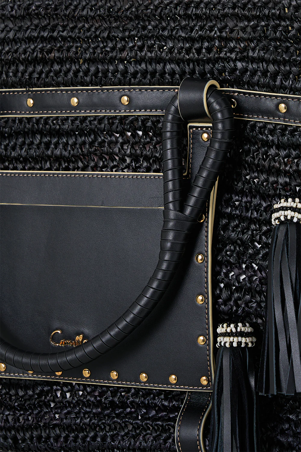 RAFFIA TOTE WITH TASSELS SOLID BLACK - Image 7