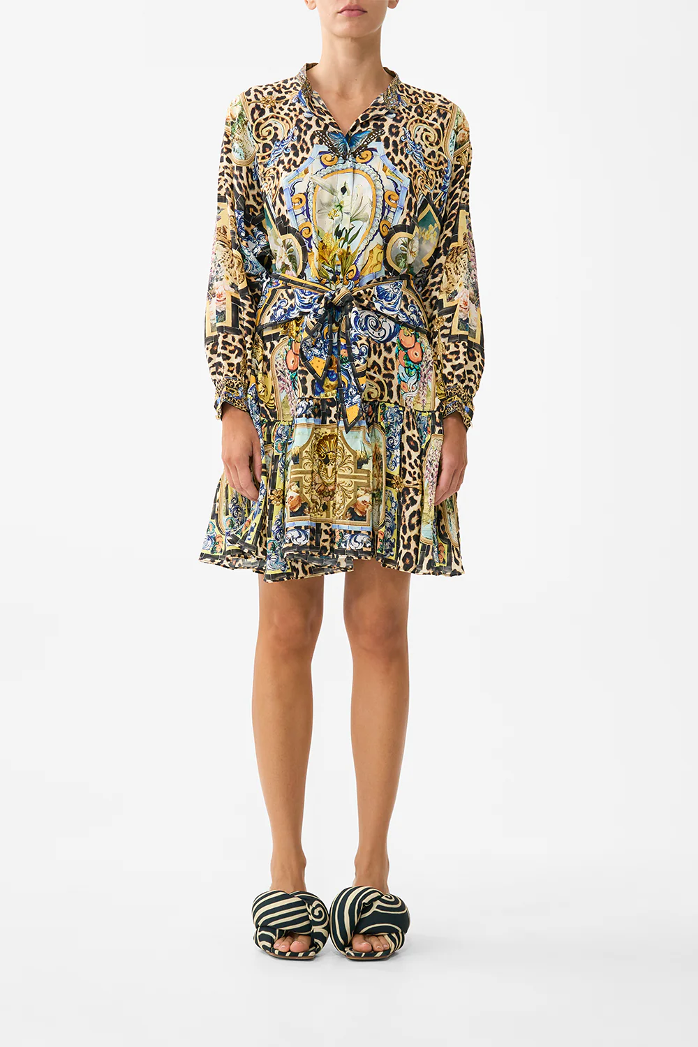 SHORT TIERED SHIRTDRESS WITH WIDE WAIST TIE SEVILLIAN STYLE