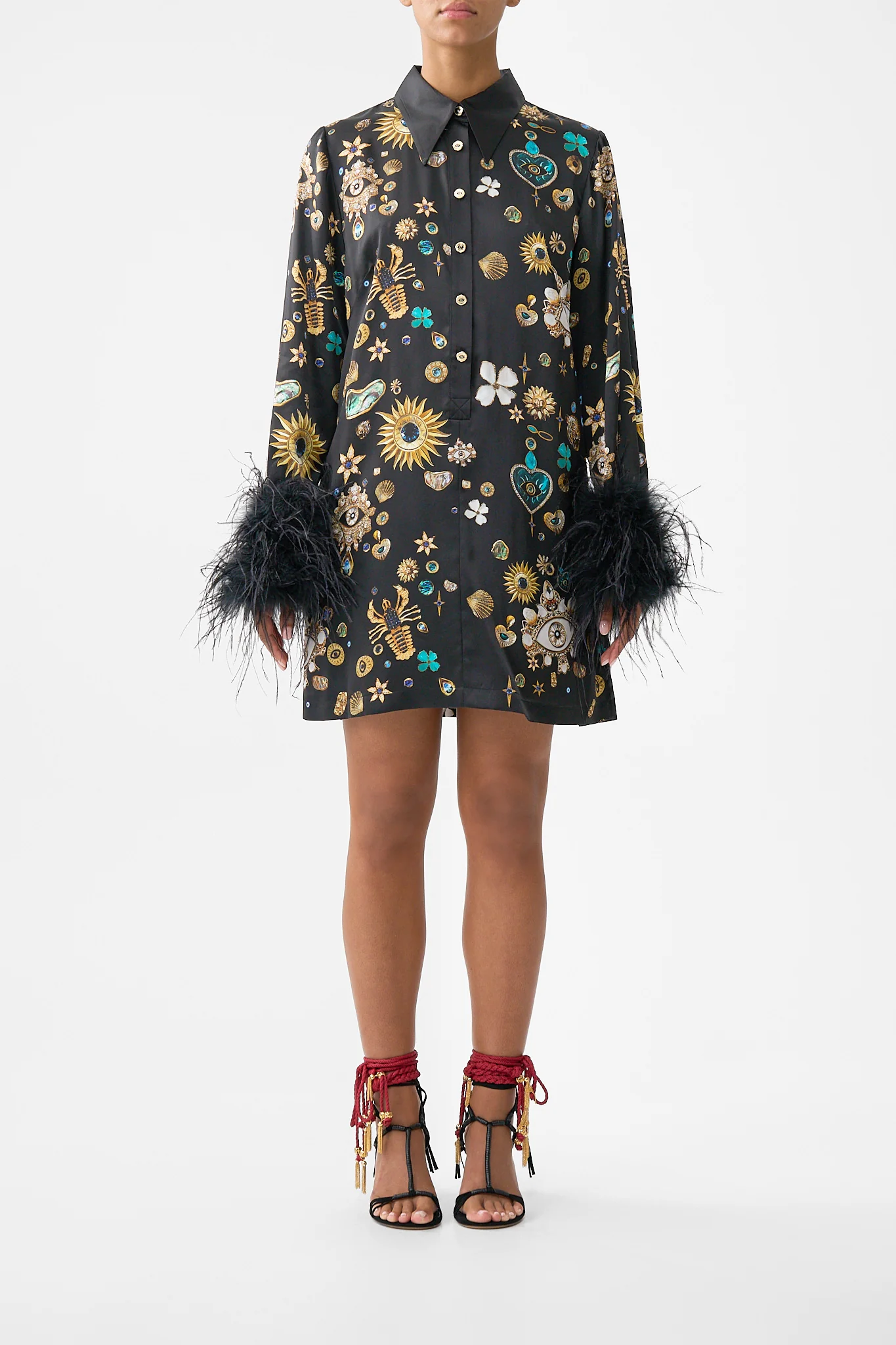 MINI SHIRT DRESS WITH FEATHERS AMULETS AND ALCHEMY