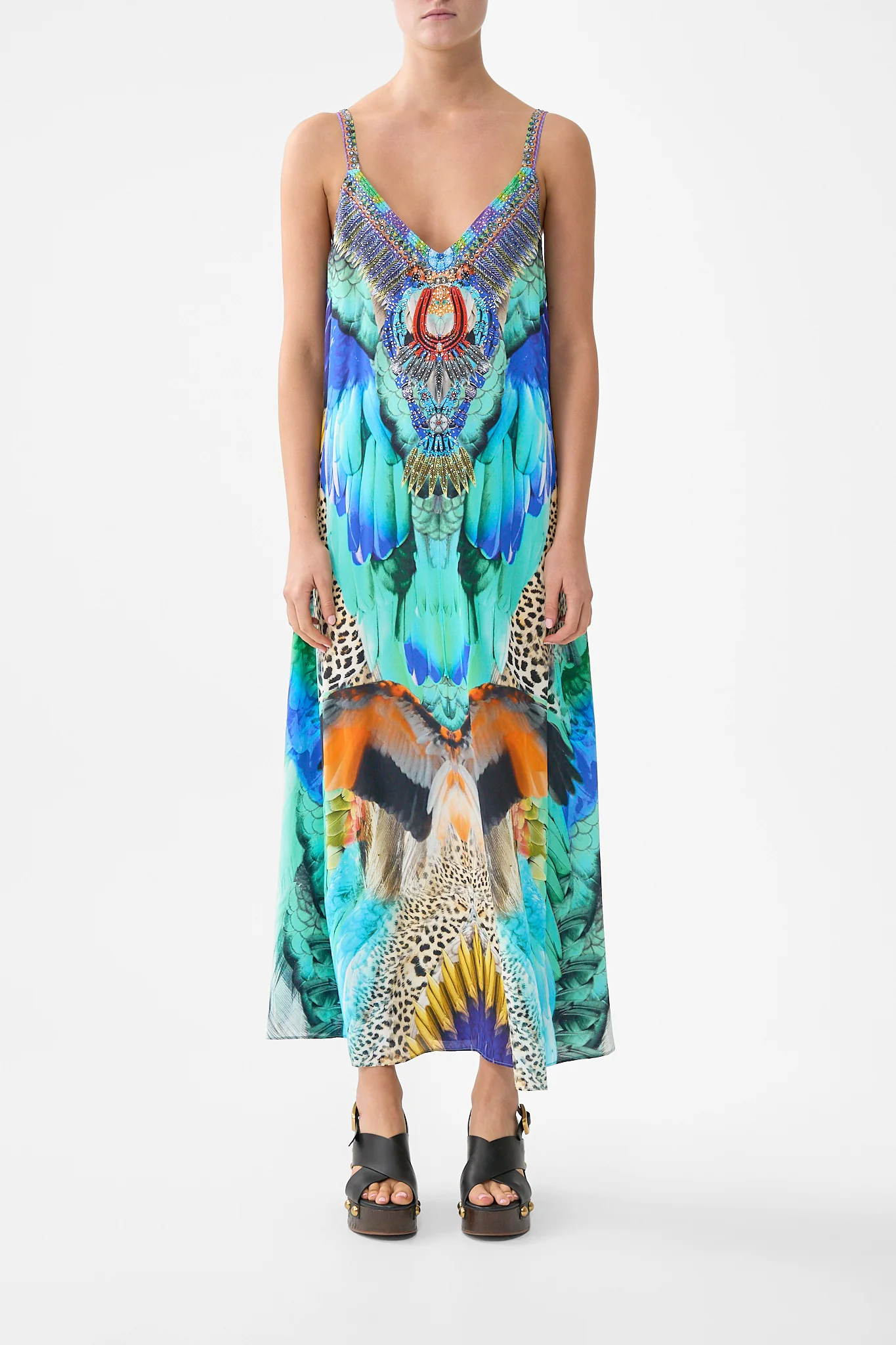 V NECK MIDI SLIP DRESS JUNGLE FLIGHT