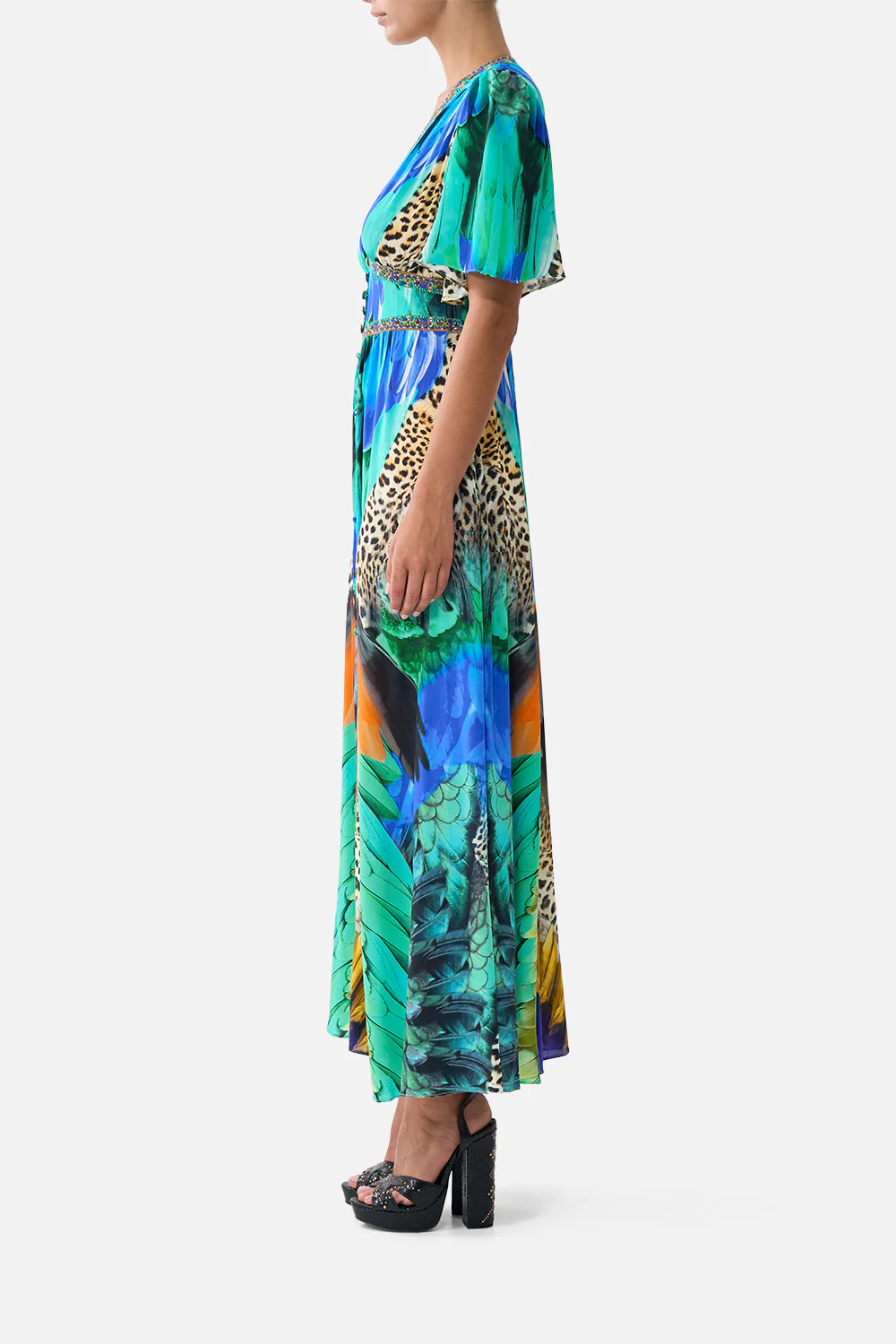 SHAPED WAISTBAND DRESS WITH FLUTTER SLEEVES JUNGLE FLIGHT - Image 4