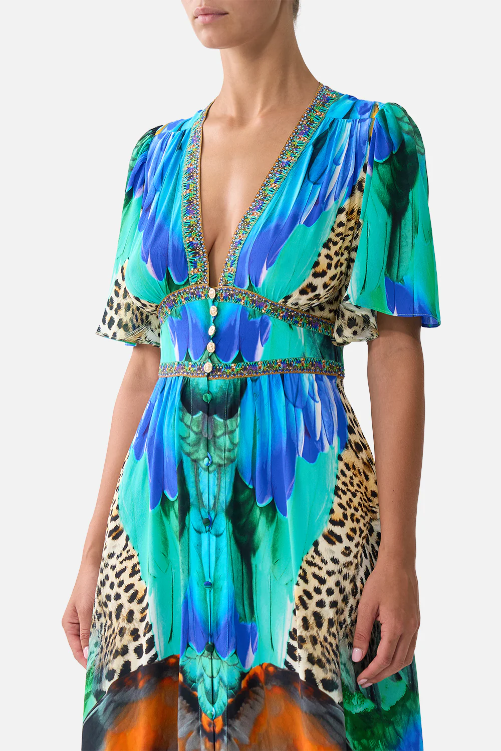 SHAPED WAISTBAND DRESS WITH FLUTTER SLEEVES JUNGLE FLIGHT - Image 5