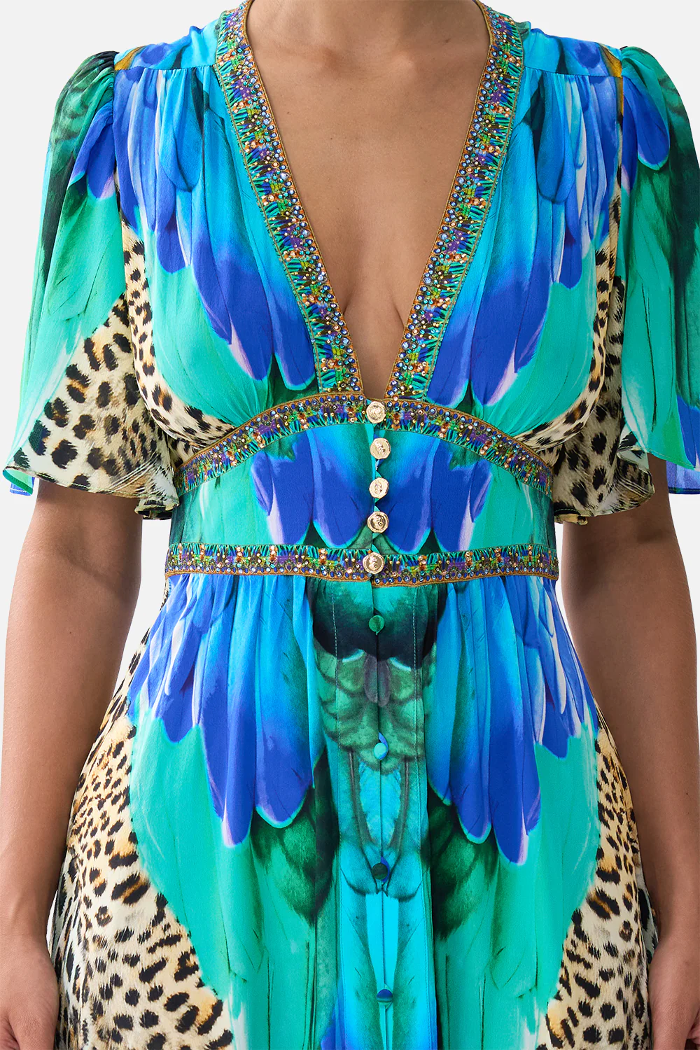 SHAPED WAISTBAND DRESS WITH FLUTTER SLEEVES JUNGLE FLIGHT - Image 6