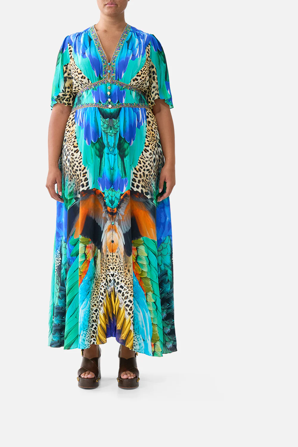 SHAPED WAISTBAND DRESS WITH FLUTTER SLEEVES JUNGLE FLIGHT - Image 9