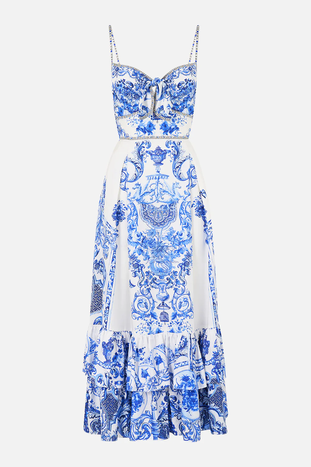 RUFFLE HEM TIE FRONT MIDI DRESS CERAMIC PANORAMIC - Image 3