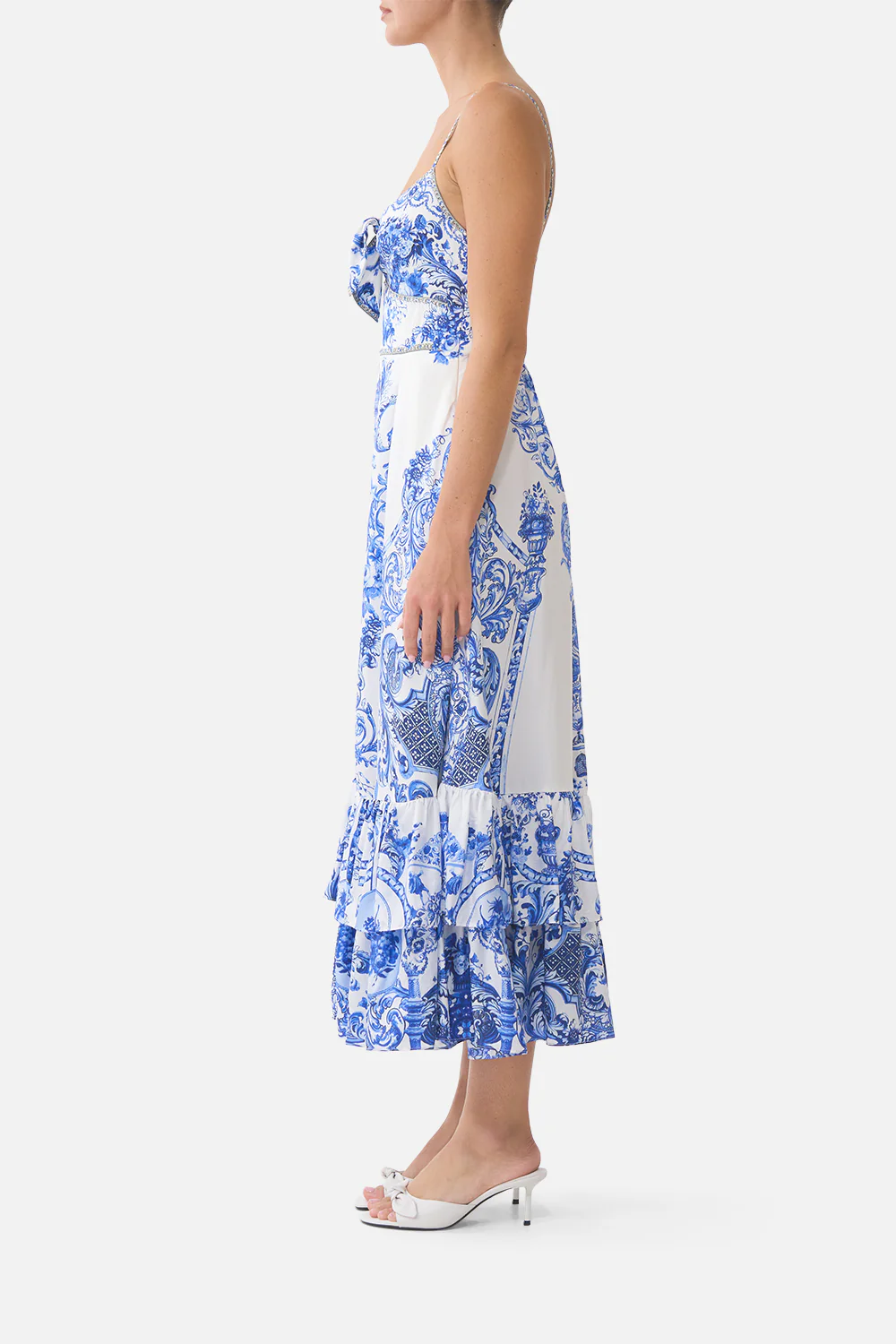 RUFFLE HEM TIE FRONT MIDI DRESS CERAMIC PANORAMIC - Image 4