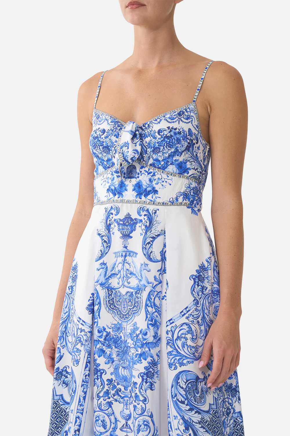 RUFFLE HEM TIE FRONT MIDI DRESS CERAMIC PANORAMIC - Image 5