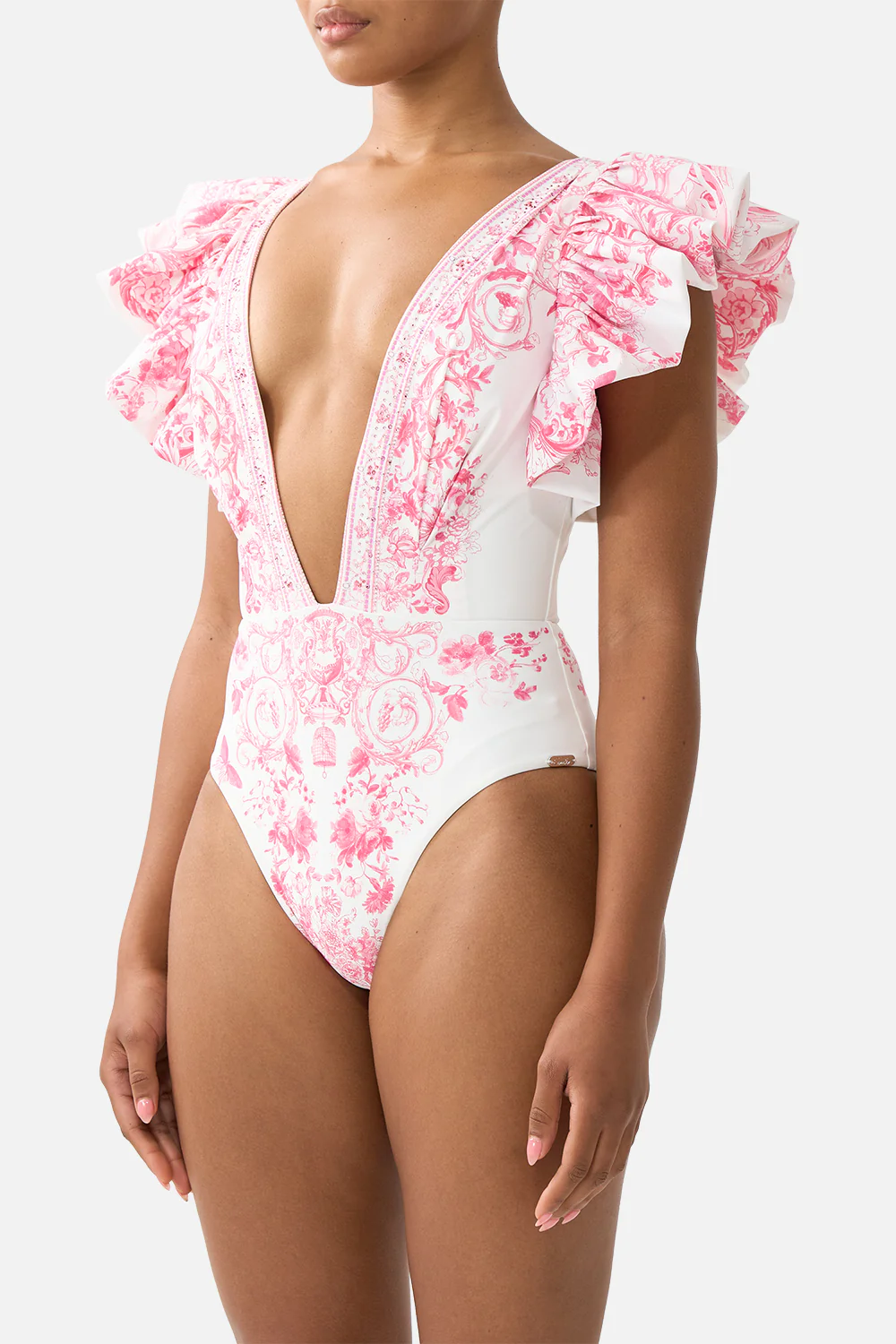 PLUNGE ONE PIECE WITH PLEATED RUFFLE SLEEVES LIVIN LA VIDA ROSA - Image 5