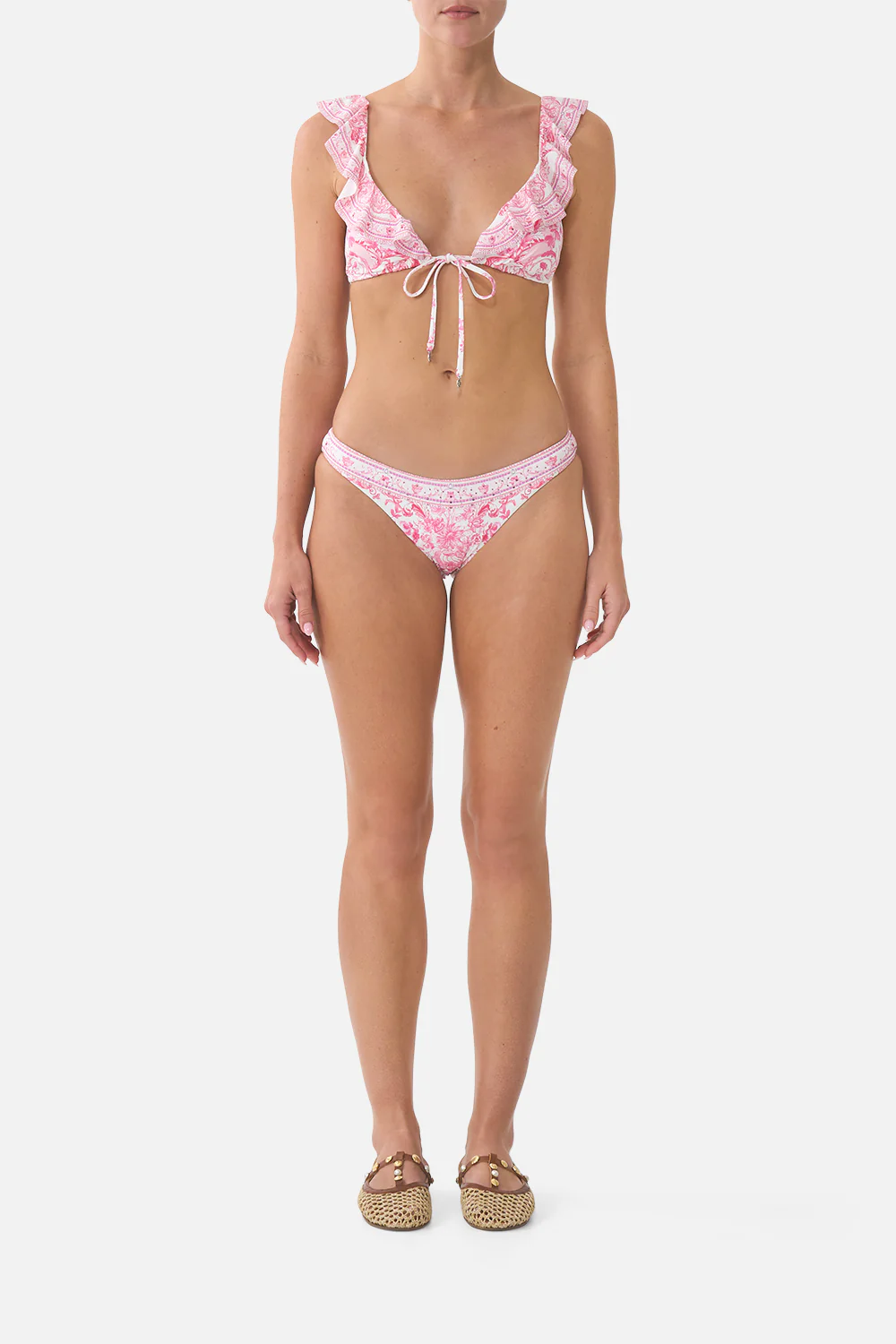 TIE FRONT TRI BIKINI TOP WITH FRILL NECK LIVIN LA VIDA ROSA