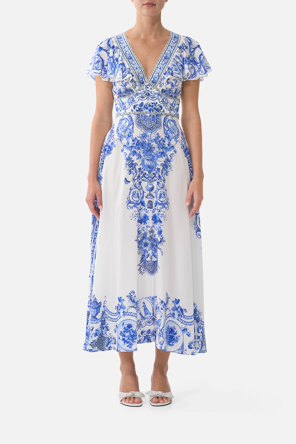 WAISTED MIDI DRESS WITH FLUTTER SLEEVE CERAMIC PANORAMIC