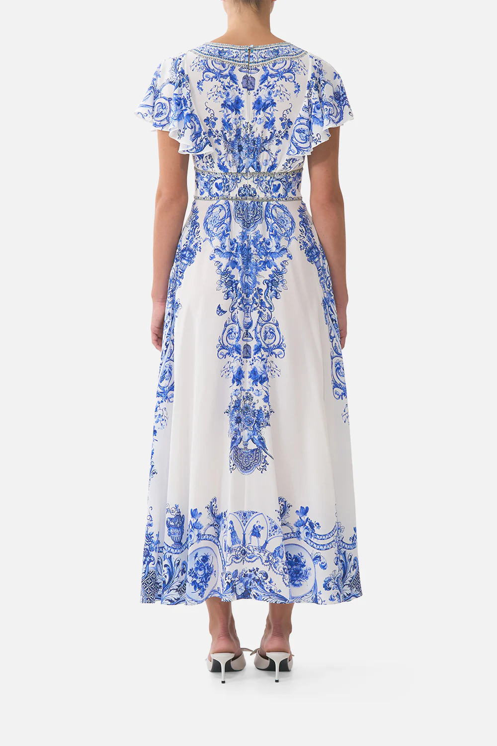WAISTED MIDI DRESS WITH FLUTTER SLEEVE CERAMIC PANORAMIC - Image 2