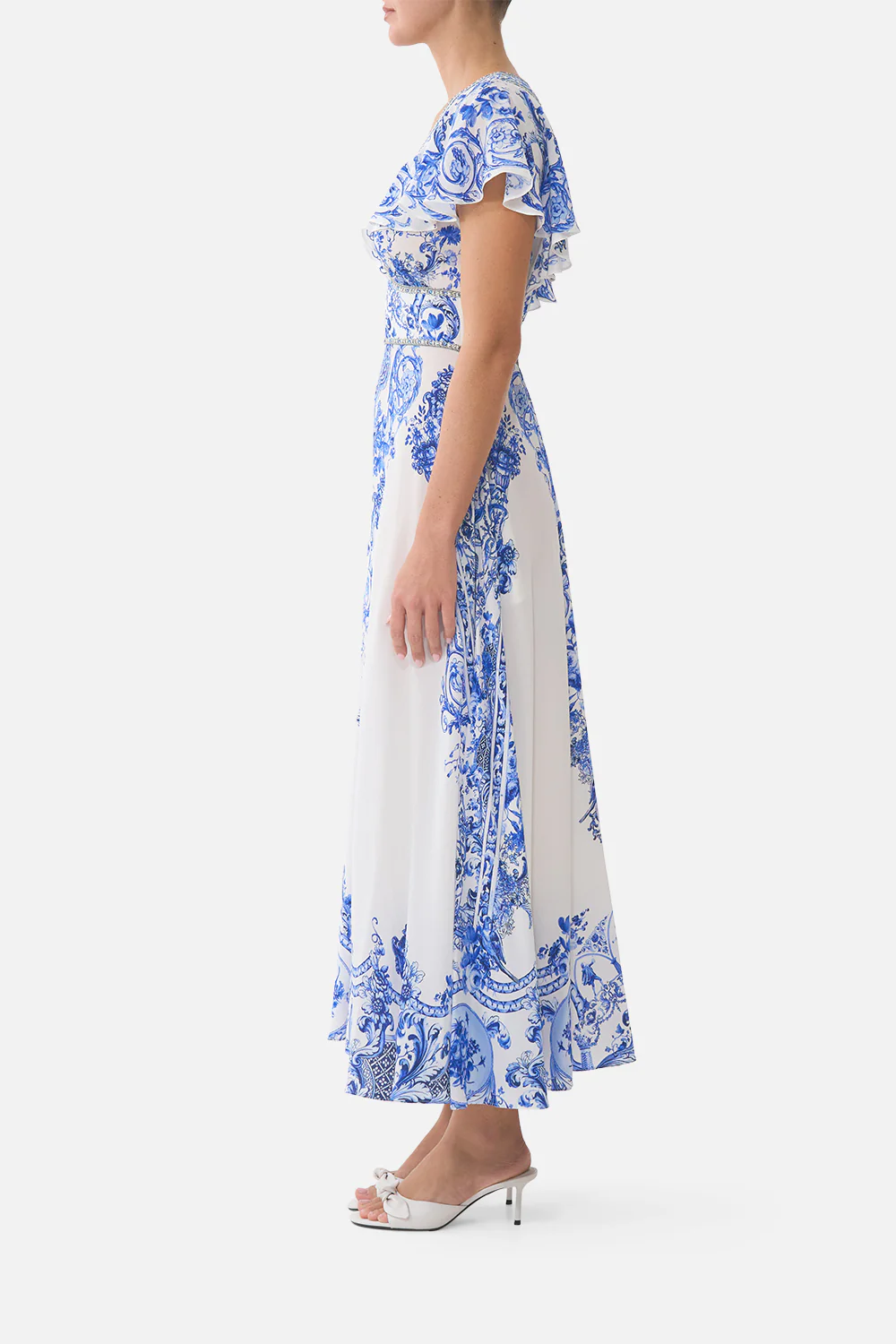 WAISTED MIDI DRESS WITH FLUTTER SLEEVE CERAMIC PANORAMIC - Image 4