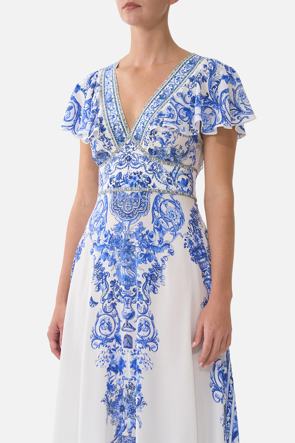 WAISTED MIDI DRESS WITH FLUTTER SLEEVE CERAMIC PANORAMIC - Image 5
