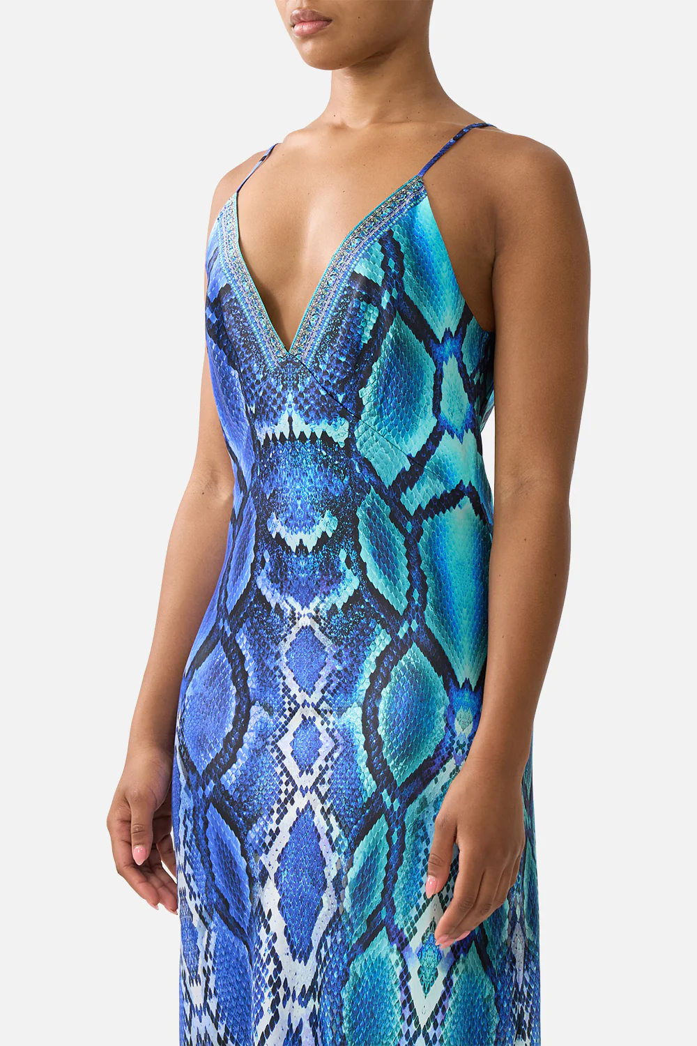 V NECK FULL LENGTH BIAS SLIP DRESS THE SAPPHIRE SERPENT - Image 5