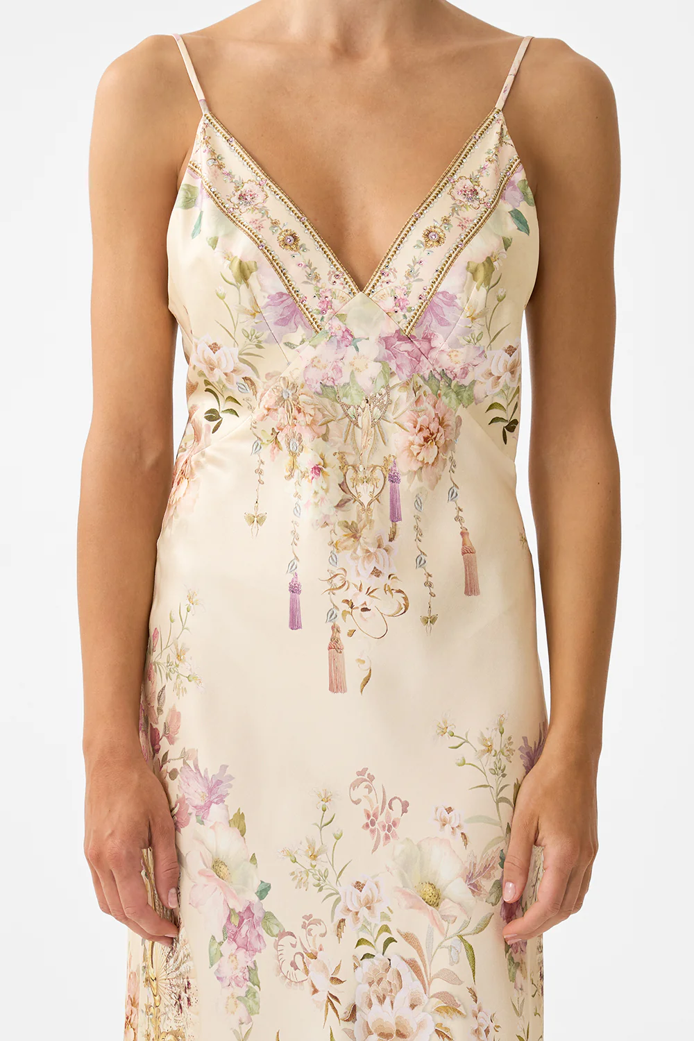 V NECK FULL LENGTH BIAS SLIP DRESS ADORNED IN ARANJUEZ - Image 7