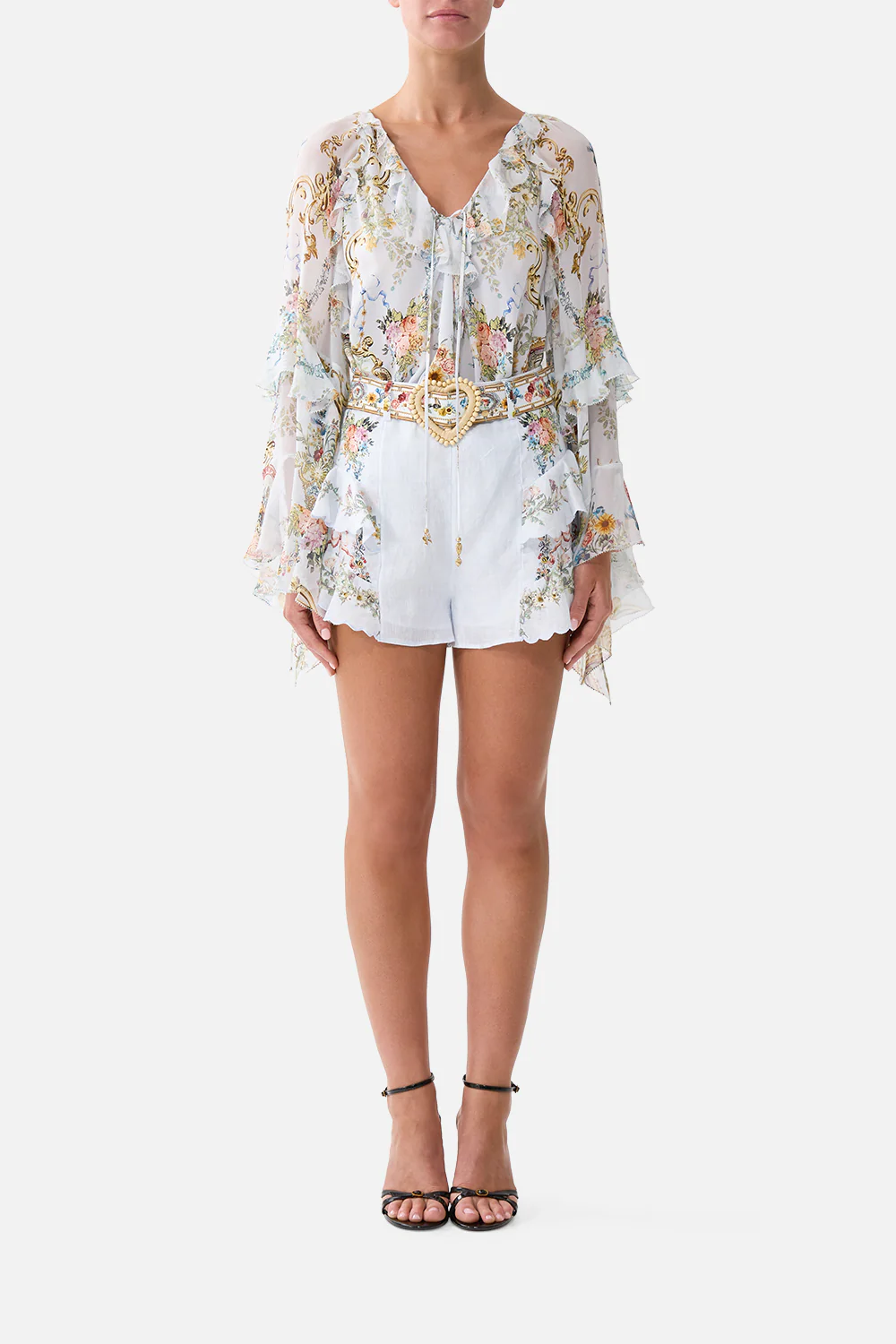 LACE UP V NECK BLOUSE WITH CASCADE RUFFLES SEVILLE SWEETHEART