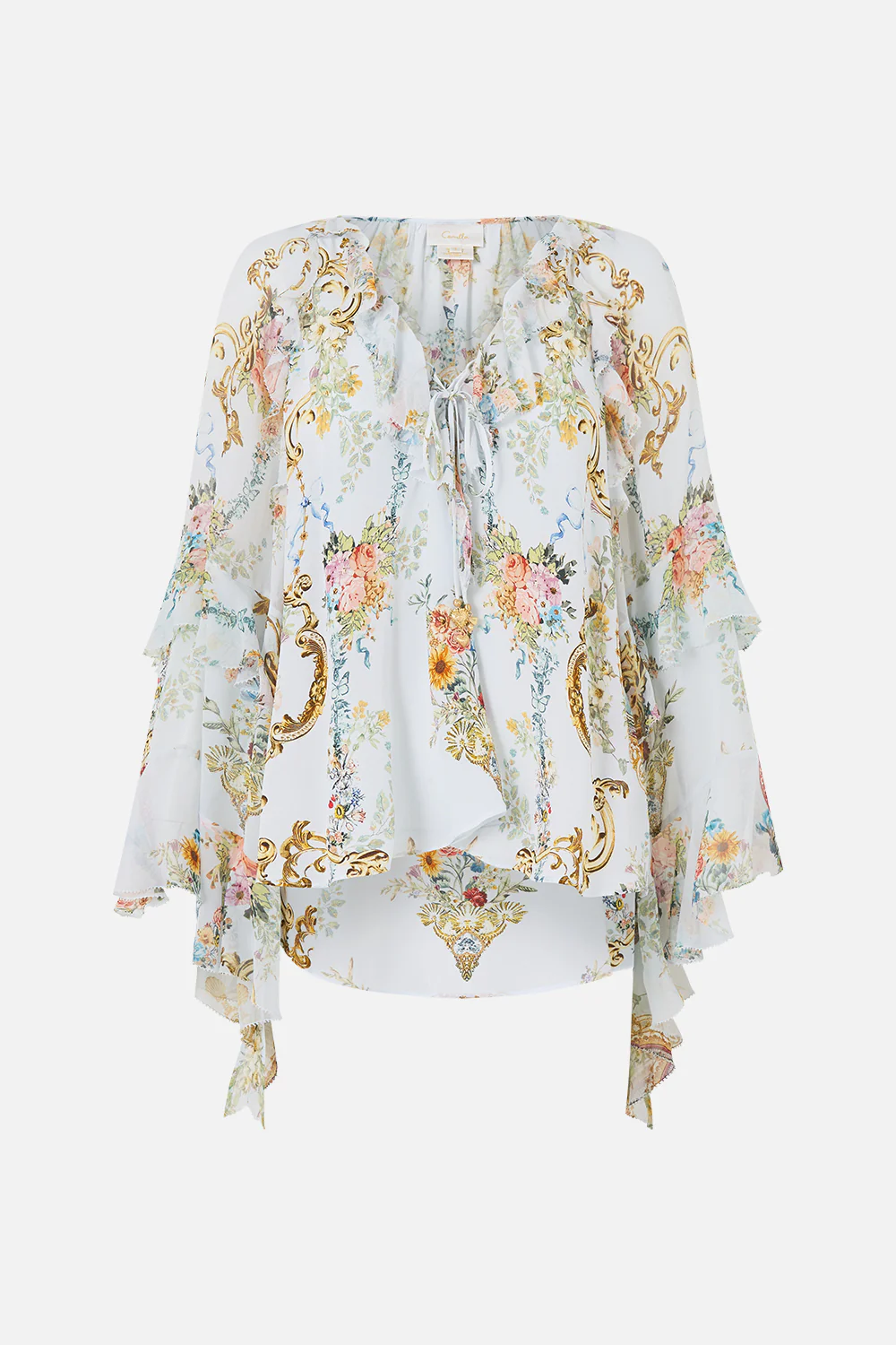 LACE UP V NECK BLOUSE WITH CASCADE RUFFLES SEVILLE SWEETHEART - Image 3