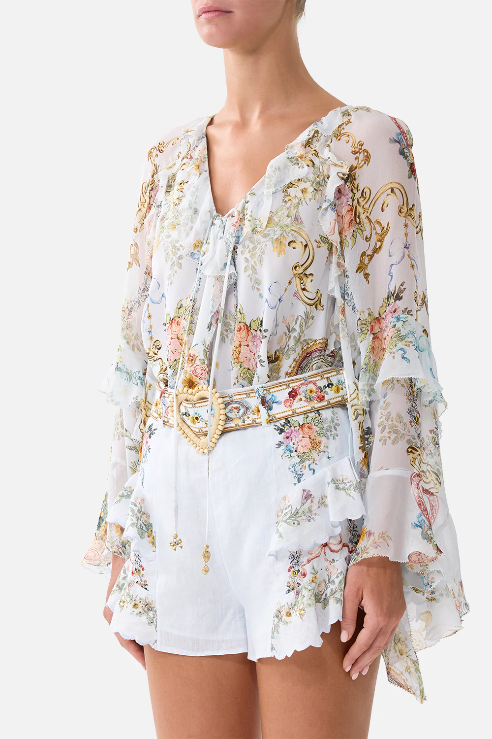 LACE UP V NECK BLOUSE WITH CASCADE RUFFLES SEVILLE SWEETHEART - Image 5