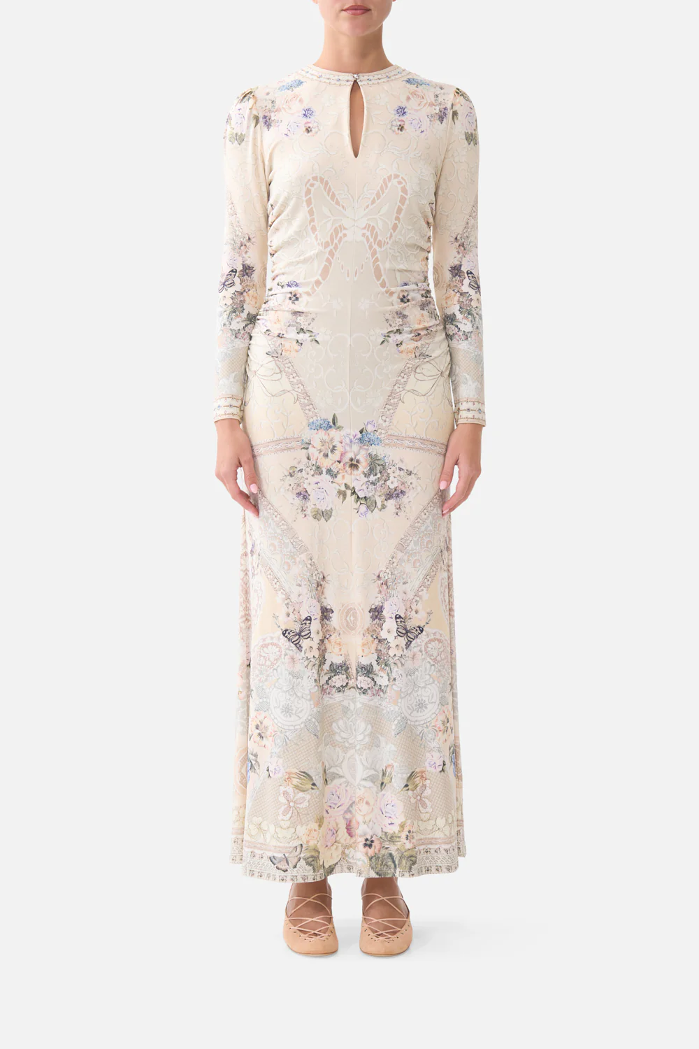 GATHERED JERSEY LONG DRESS LACED WITH LOVE